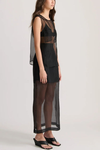 Embraces Modern Sheer Organza Pocket Oversized Tank and High Rise Slit Midi Skirt Set