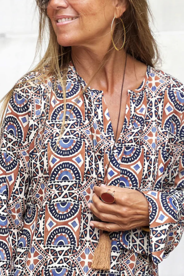 Slit Printed Loose V-Neck Long Dress