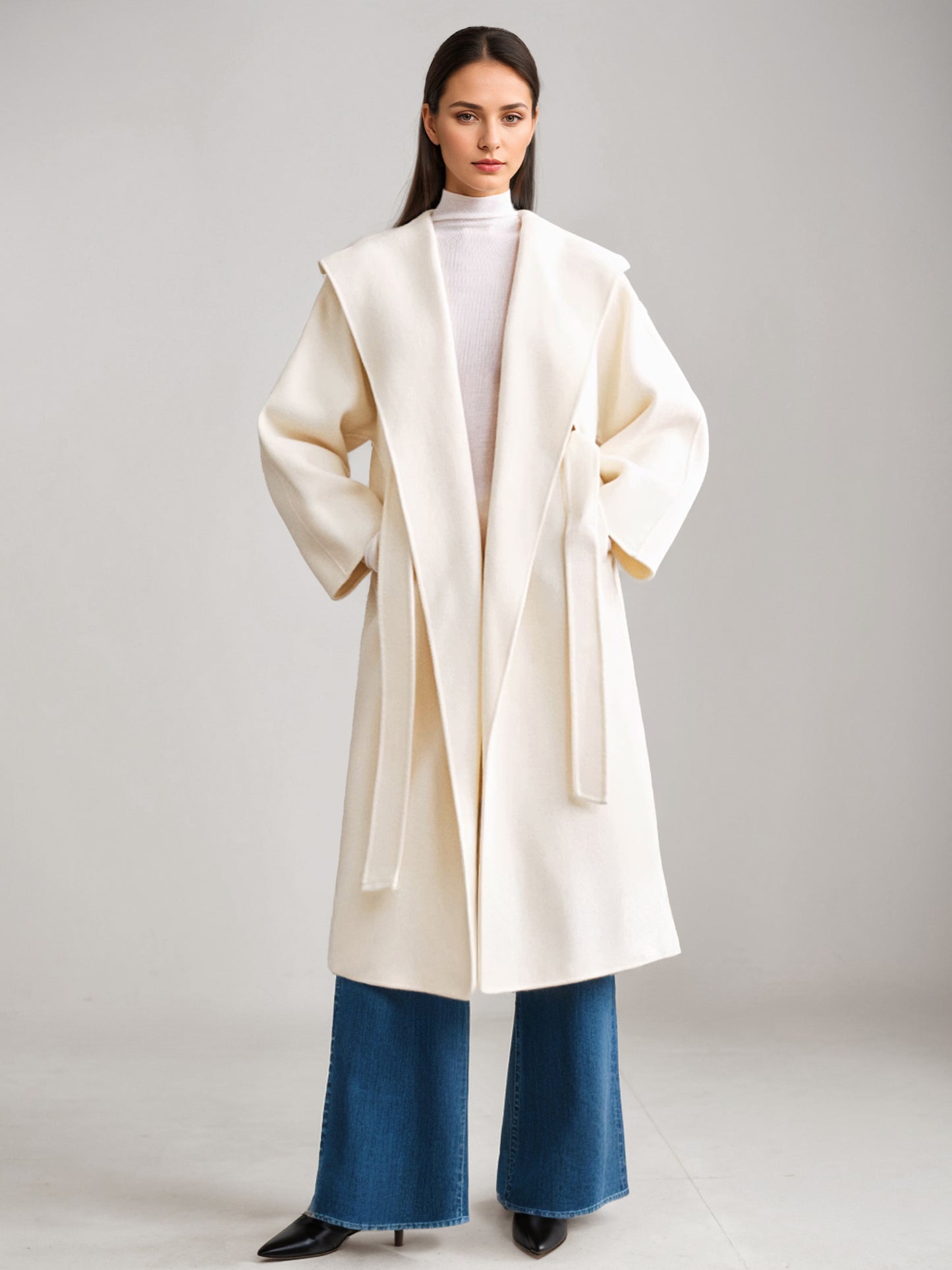Wool Cashmere Blend Coat White Wide Lapel Double-Faced Belted Winter Outerwear For Women 2026