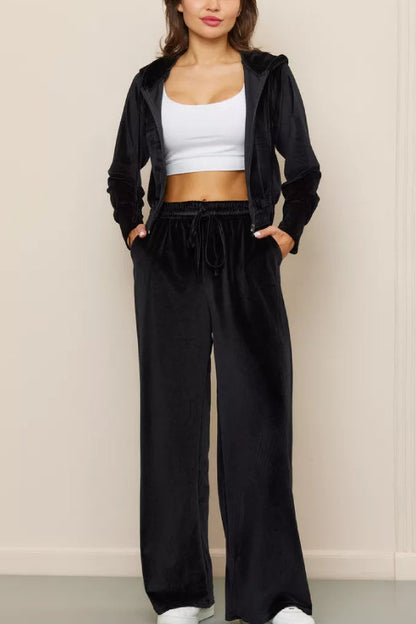 Fashion Zipper Open Velvet Casual Two -piece Suit