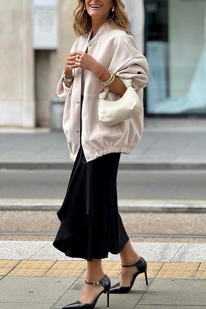 Solid color women's coat with stand collar and large pockets