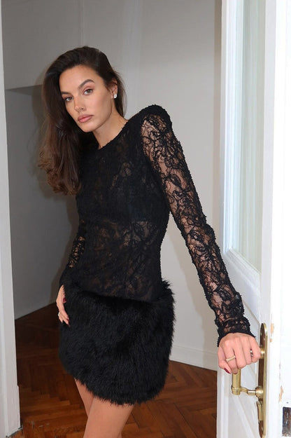 Floral Lace Long Sleeve Sheer Top and Faux Fur Mini Skirt Set