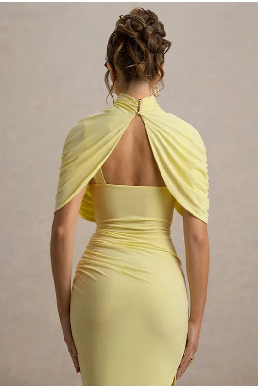 Mock Neck Crossover Ruched Draped Shoulder Wrap Bodycon Midi Dress