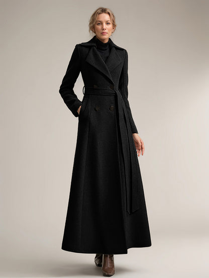 Full-length Woolen Coat For Women Wide Notched Lapel Double-breasted Belted Winter Outerwear In Solid Color 2026