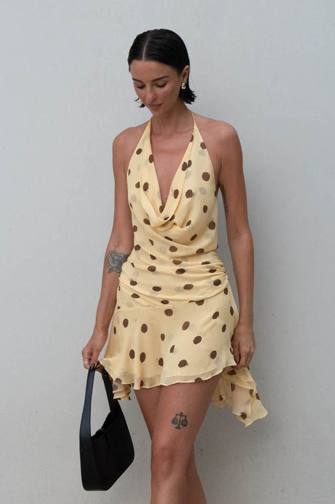 Polka Dot Chiffon Halter Neck Deep V-Neck Ruched Asymmetrical Hem Mini Dress