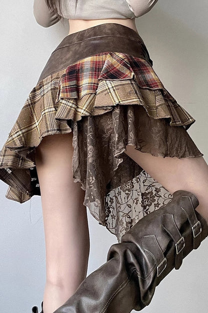 Post-Apoc Plaid Paneled V-Waist Mini Skirt