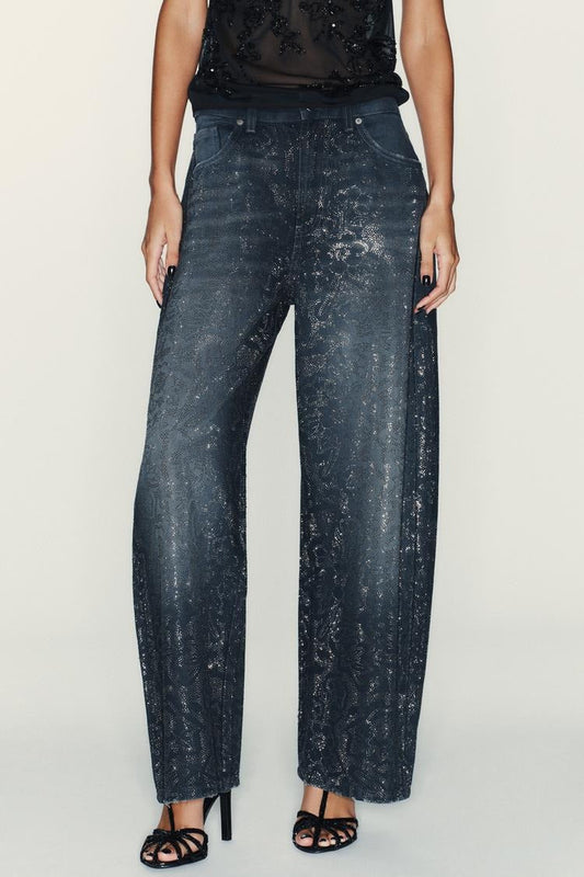 Low Rise Wide Leg Rhinestone Embellished Jeans
