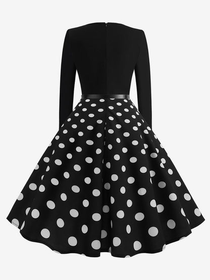 Vintage Polka Dot Swing Dress for Women - 1950s Rockabilly Long Sleeve Belted A-Line Midi Dress - Spring Retro Party 2026