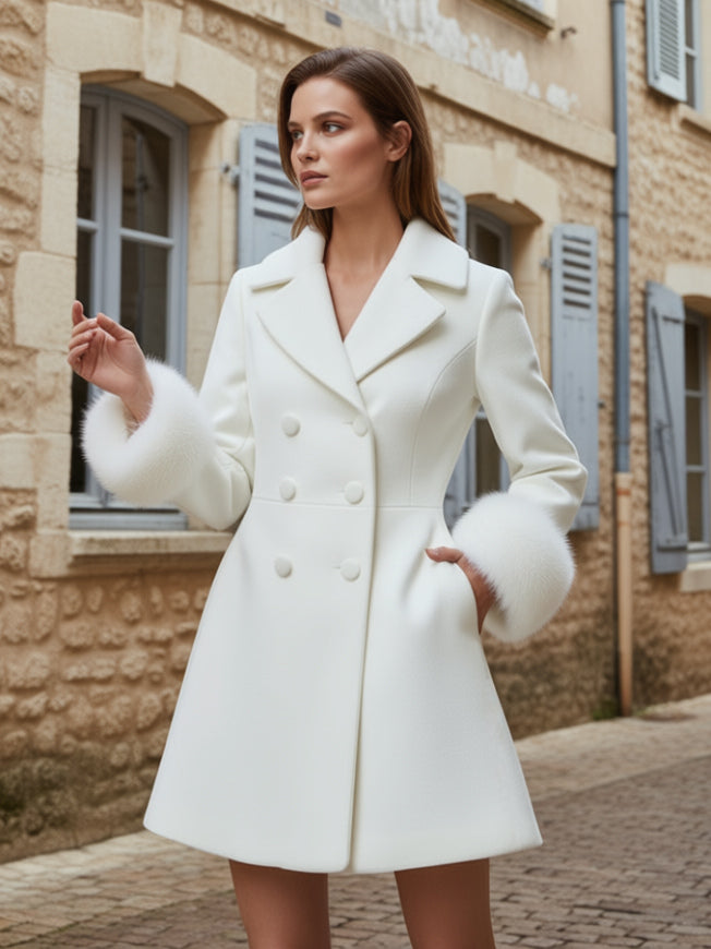 White double-breasted wool Blend coat with wide lapel And Faux fur cuffs For Women 2026