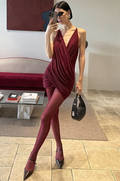 Ruched Draped Halter Plunge V-Neck Wrap Mini Dress