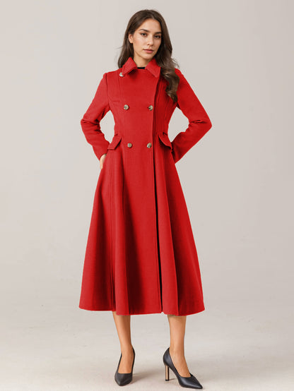 Flared Wool Blend Coat For Woman Red Turndown Collar Double-breasted Elegant 2026 Winter Outerwear