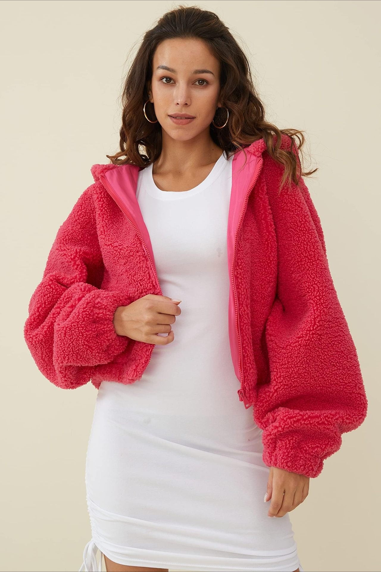 Fuzzy Hooded Zip Short Jacket