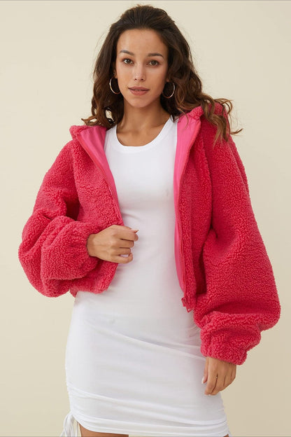 Fuzzy Hooded Zip Short Jacket