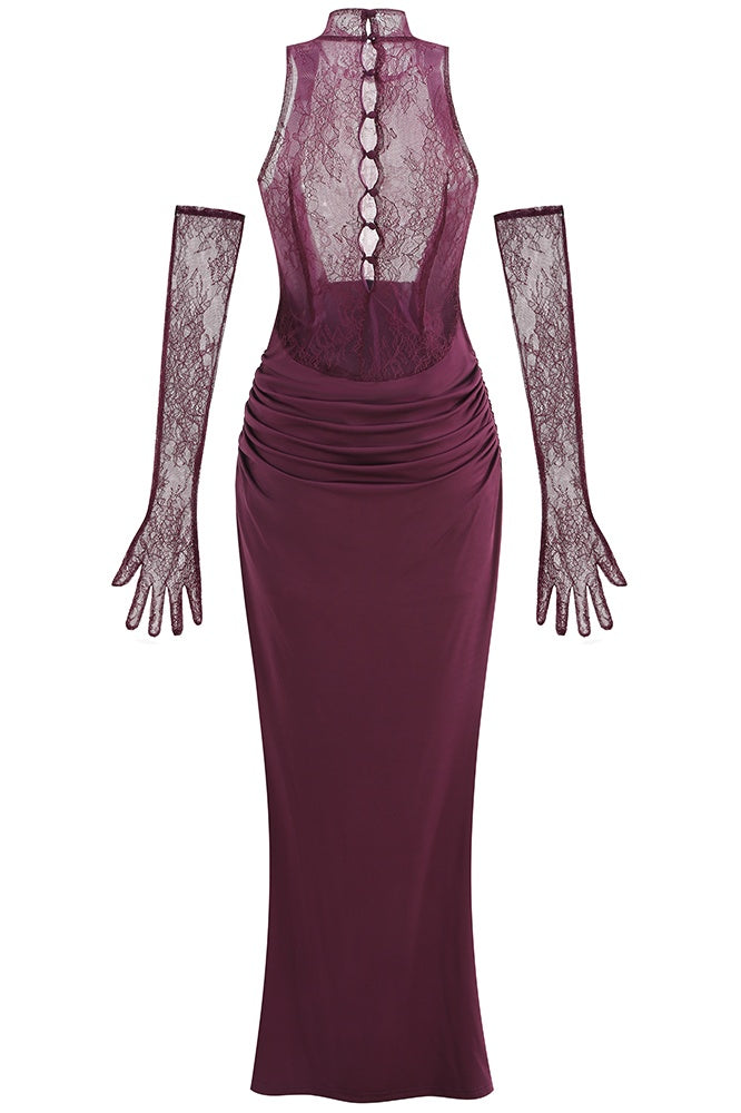 Evelyn Plunging Cowl Lace Bodice Maxi Dress