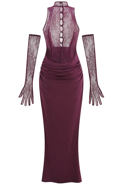 Evelyn Plunging Cowl Lace Bodice Maxi Dress