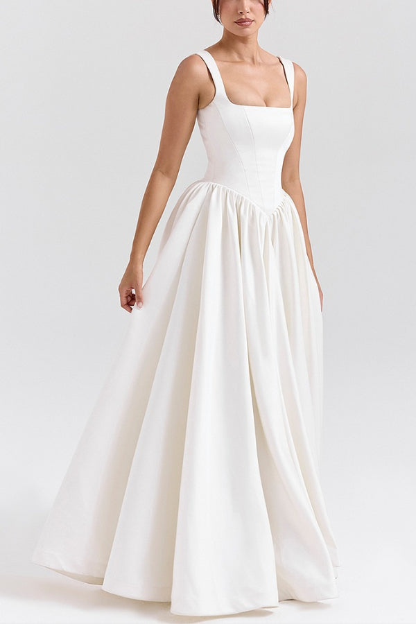 Square Neck Corset Basque Waist Wide Strap Ball Gown Maxi Dress
