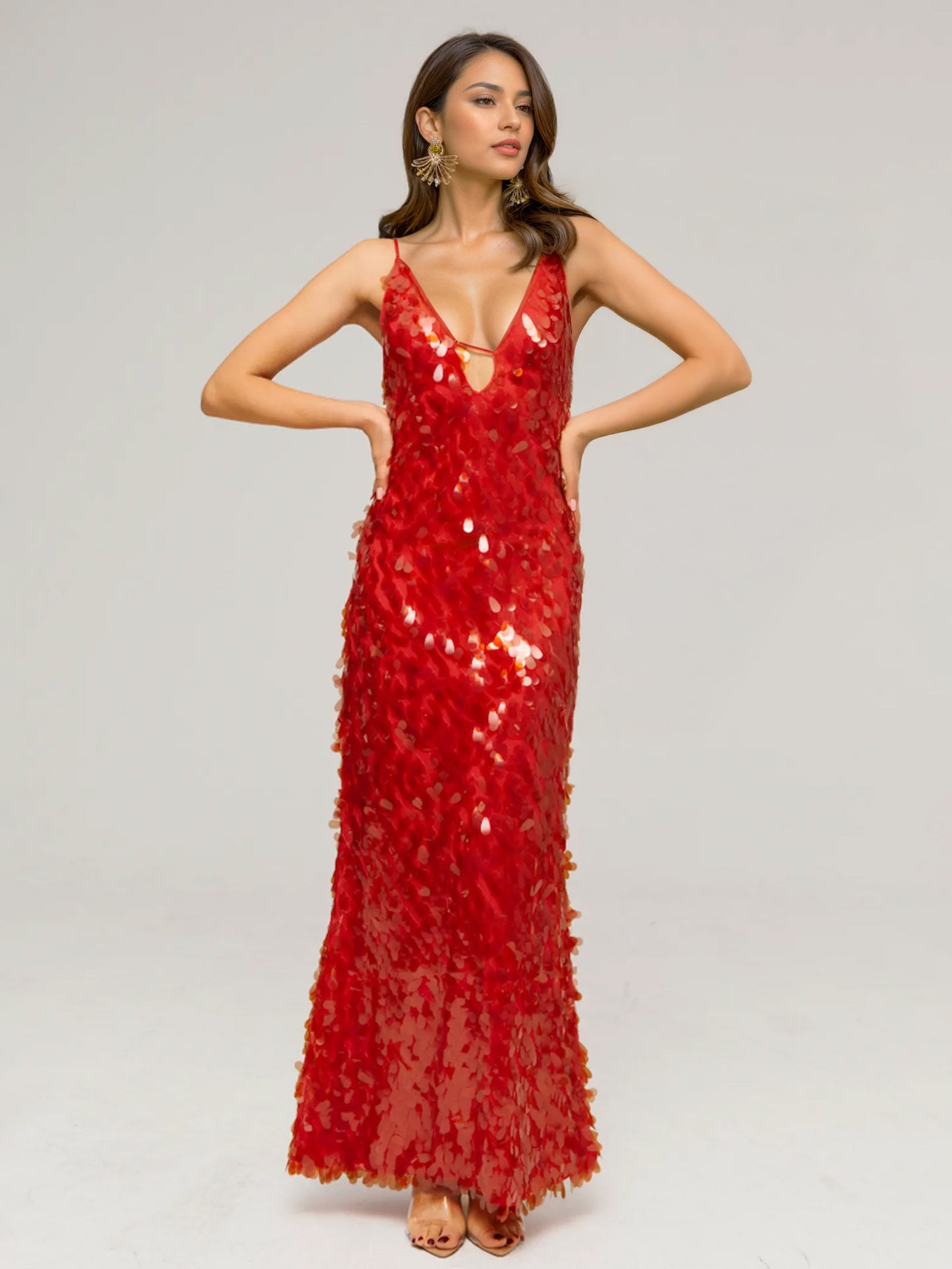 Sequin Maxi Dress In Red Deep V-neck Spaghetti Straps Sexy Formal Party Long Dress For Women 2026