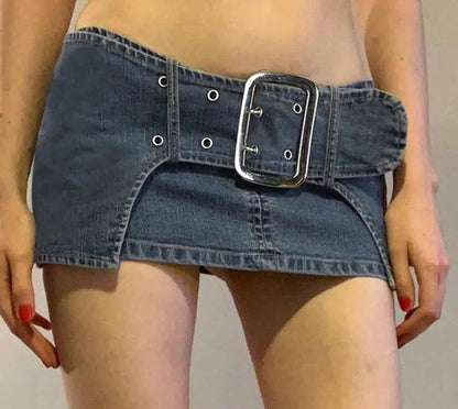 Vintage Metal Buckle Denim Skirt