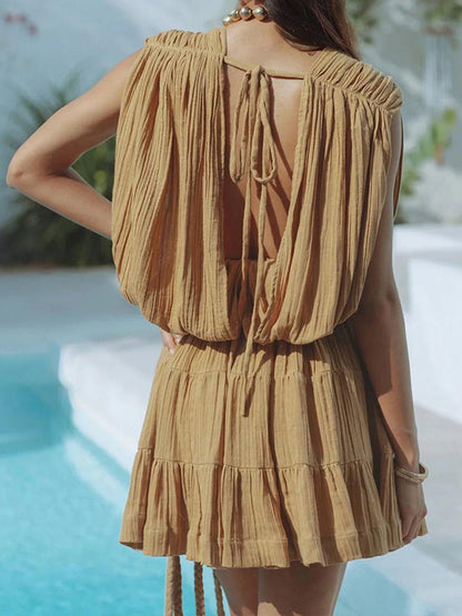 Deep V Neck Mini Dress for Women - Greek Boho Plisse Sleeveless Tiered Dress with Rope Belt - Summer Resort Wear 2026