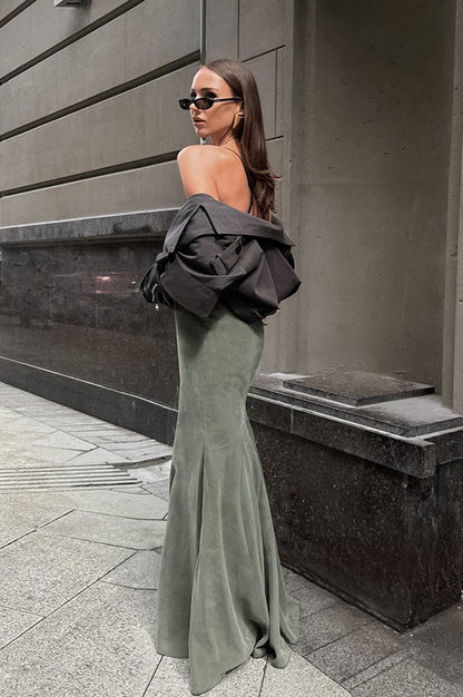 Green Velvet High-Waisted Fishtail Skirt