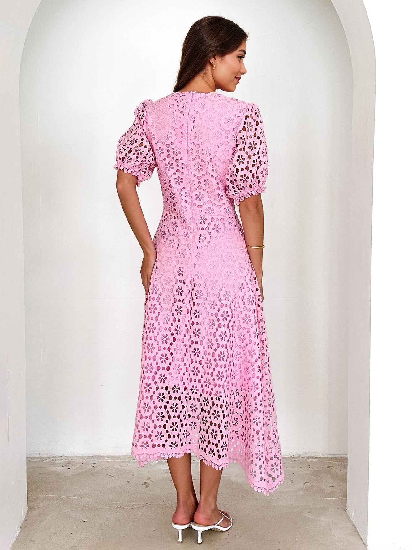 Lace Dress V-neck Puff Sleeve A-line Midi Dress For Women 2026