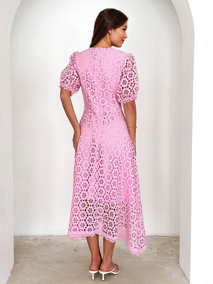 Lace Dress V-neck Puff Sleeve A-line Midi Dress For Women 2026