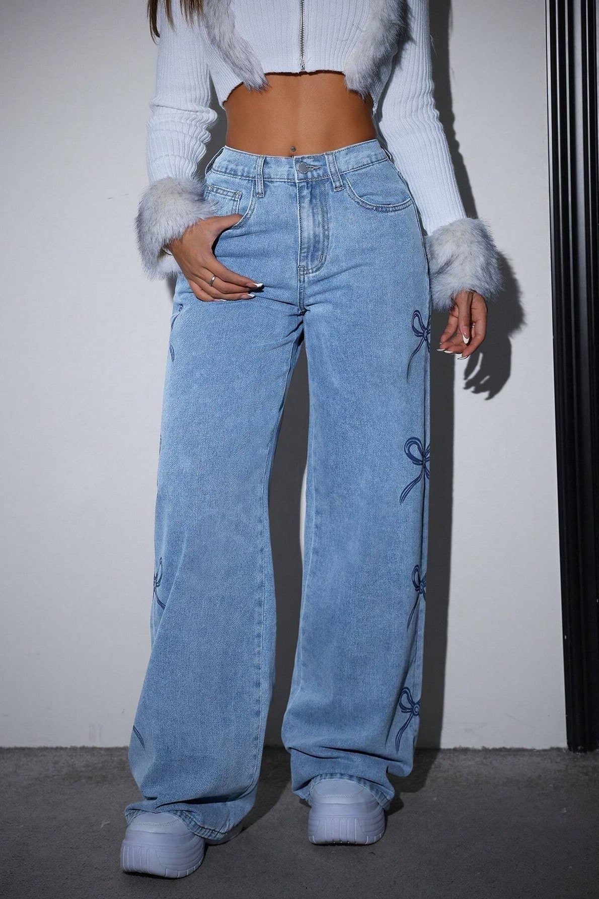 High Waist Washed Bow Tie Jeans