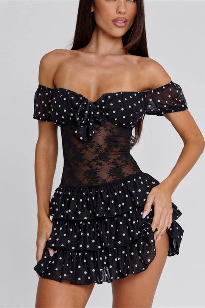 Polka Dot Off-Shoulder Lace Panel Tie-Front Tiered Ruffle Mini Dress