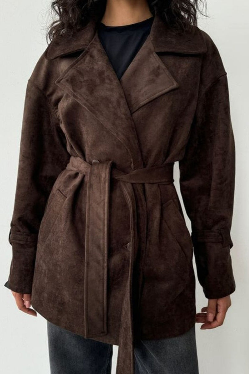 Vintage Suede Lapel Tie Waist Jacket Coat