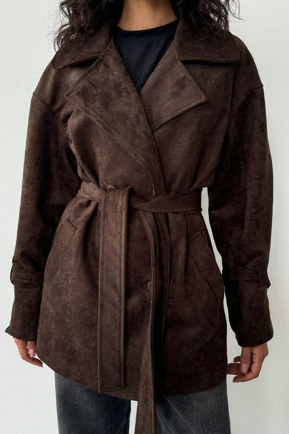 Vintage Suede Lapel Tie Waist Jacket Coat