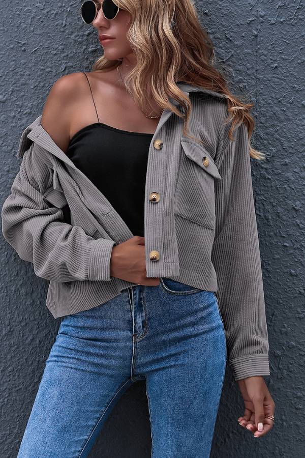 Flap Pockets Turn Down Collar Corduroy Shacket