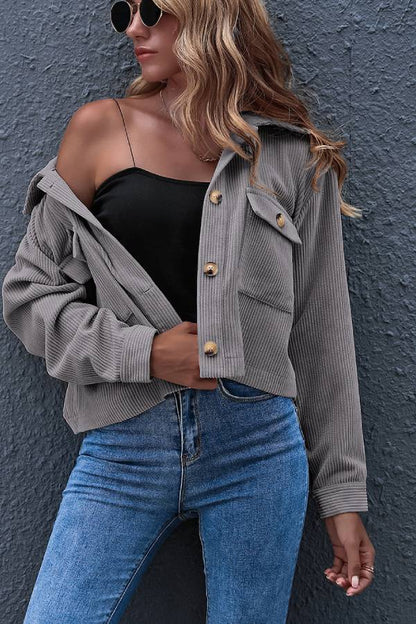 Flap Pockets Turn Down Collar Corduroy Shacket