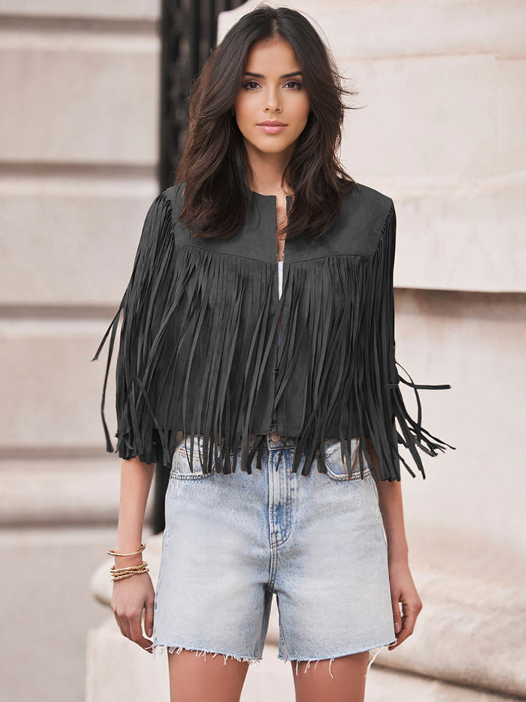 Western Cowgirl Fringe Vest Crew Neck Bohemian Spring Suede Jacket For Women 2026