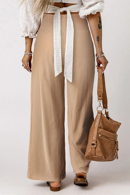 Smocked Wide Waistband High Waist Wide Leg Pants