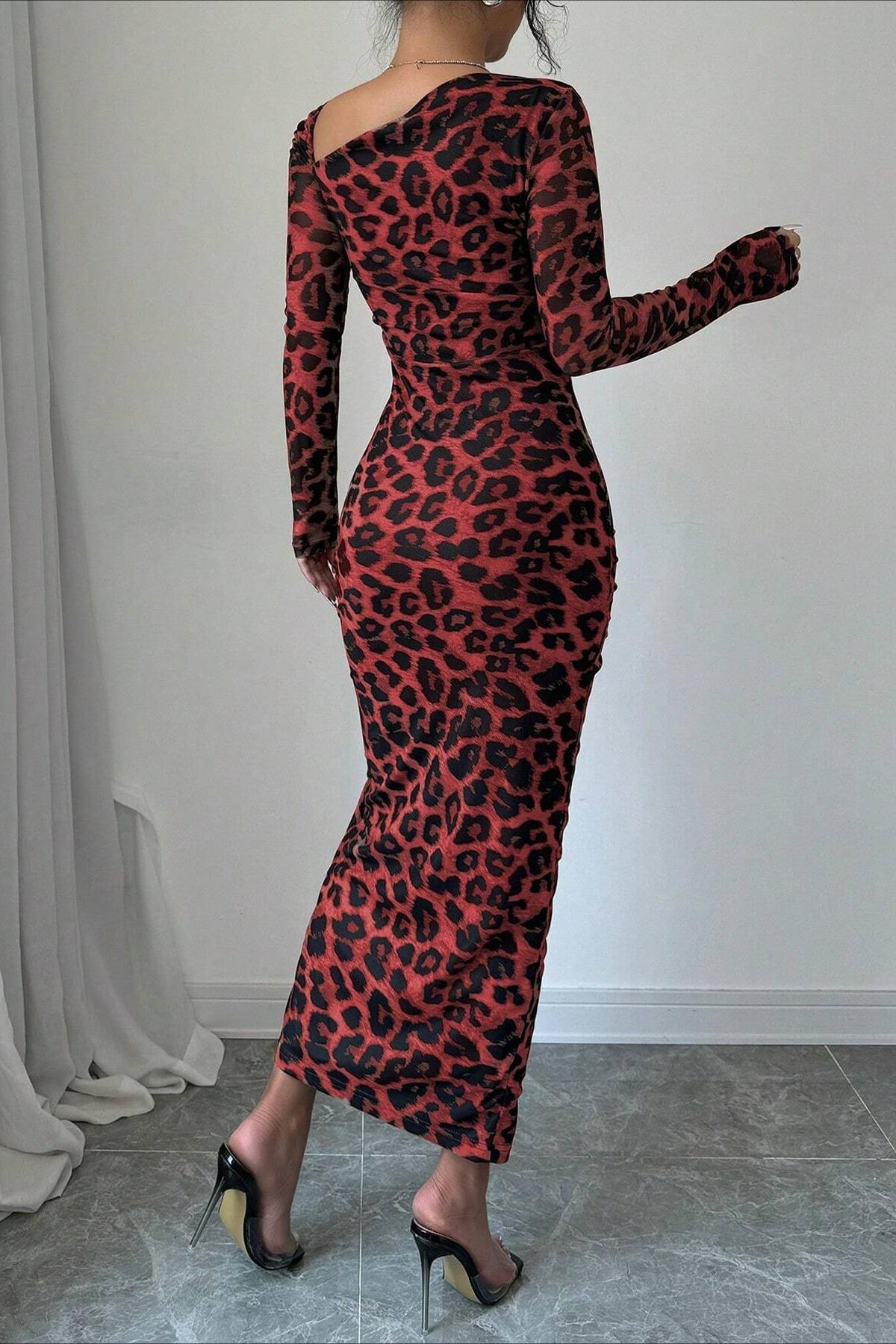 Leopard Print Ruched Long Sleeve Maxi Dress