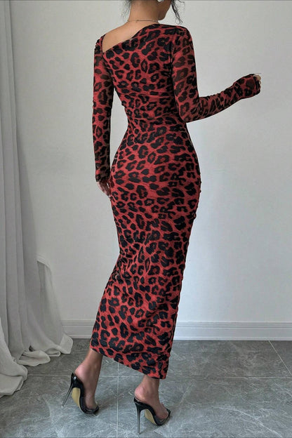 Leopard Print Ruched Long Sleeve Maxi Dress