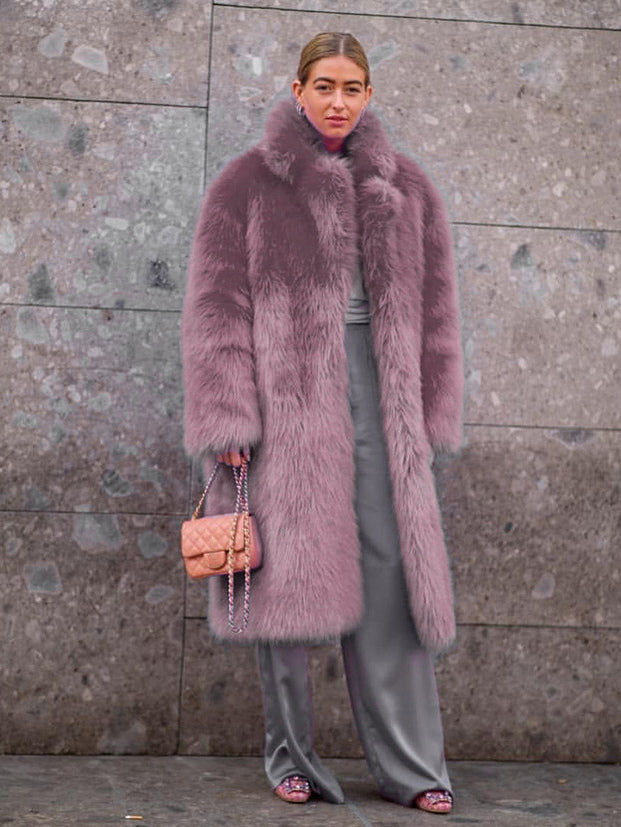 Faux Fur Coat With Notched Lapel Solid Color Eco-friendly Winter Long Jacket For Women 2026