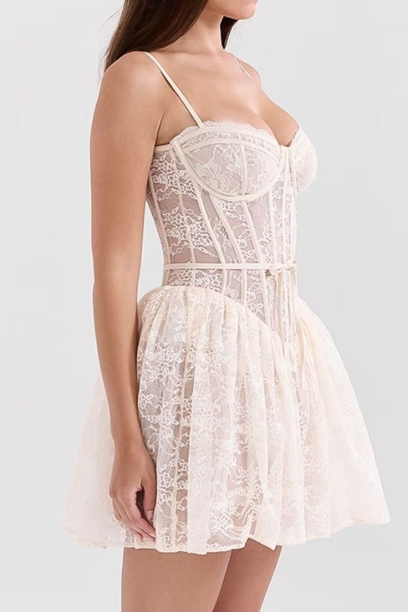 Lace Corset Bustier Sweetheart Spaghetti Strap Tiered Ruffle Mini Dress