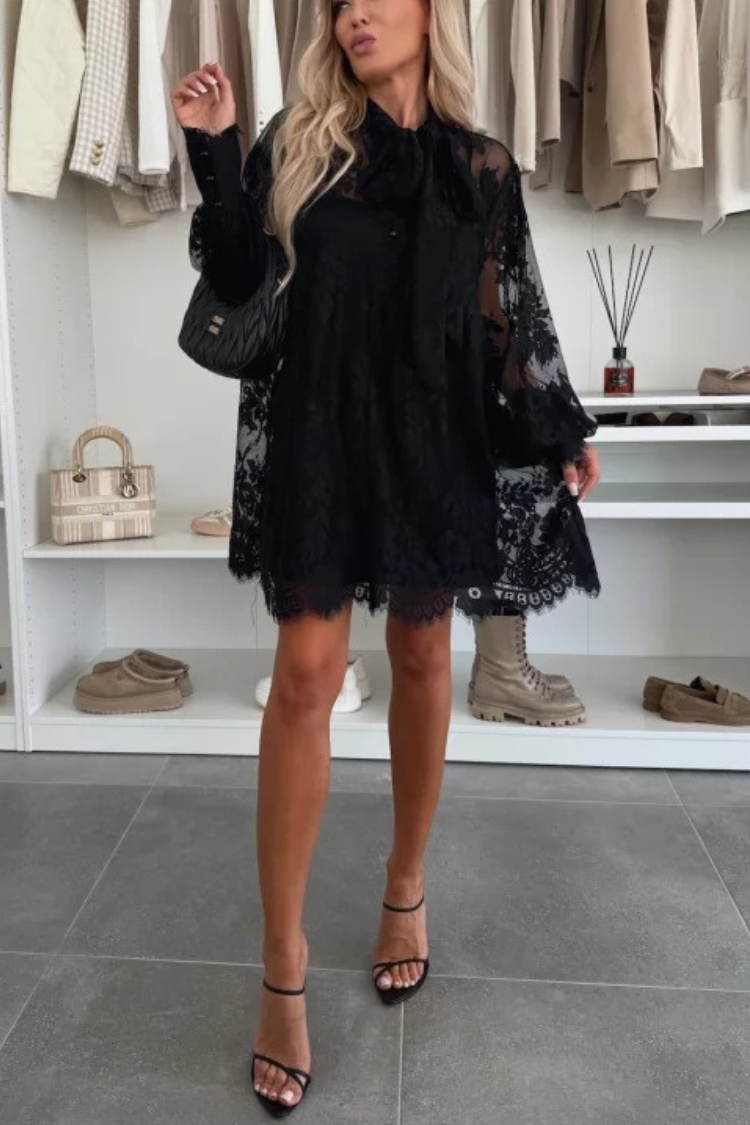 Night Rose Lace Bow Neck Long Balloon Sleeve A-line Mini Dress