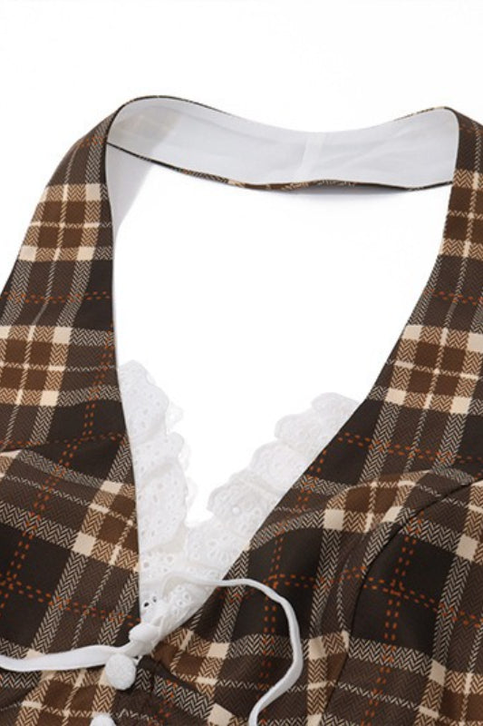 Sexy Plaid Lace Trim Halter Crop Top