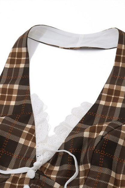 Sexy Plaid Lace Trim Halter Crop Top