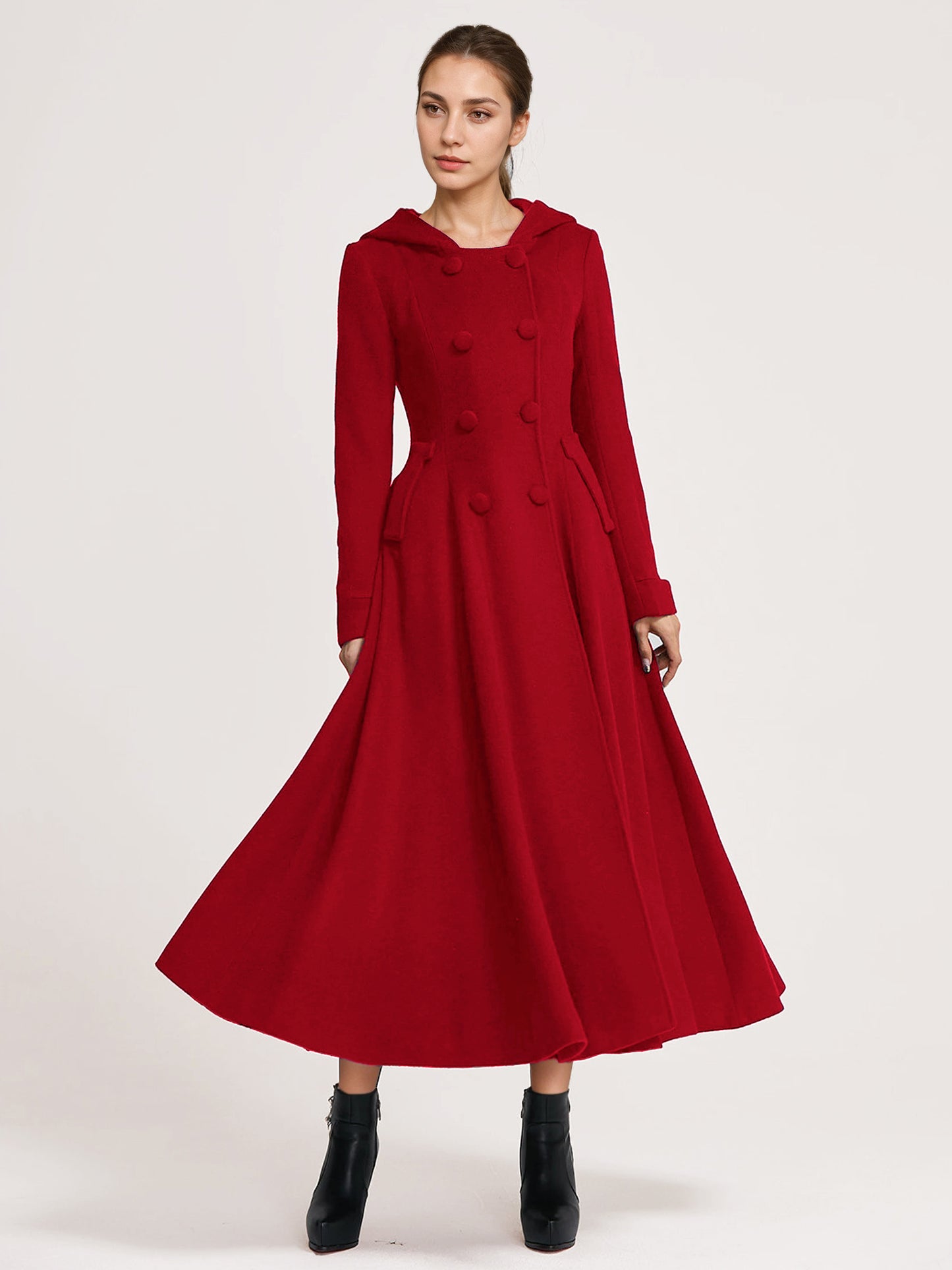 Woolen Flared Coat With Hood Dark Navy Double-breasted Elegant A-line Winter Long Outerwear For Women 2026