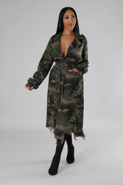 Distressed Camo Long Overcoat