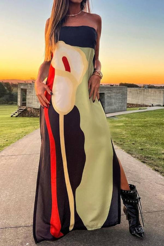 Fashion Art Print Strapless Split Dress