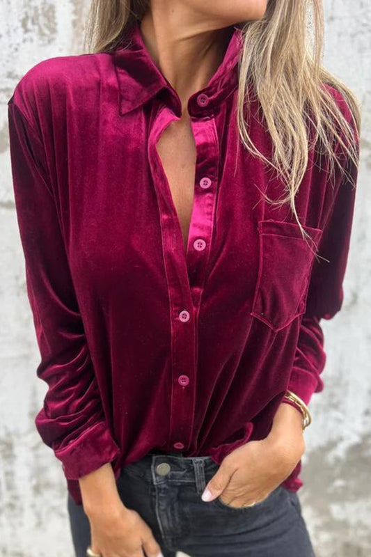 Solid Velvet Long-sleeved Single-breasted Loose Pocket Shirt