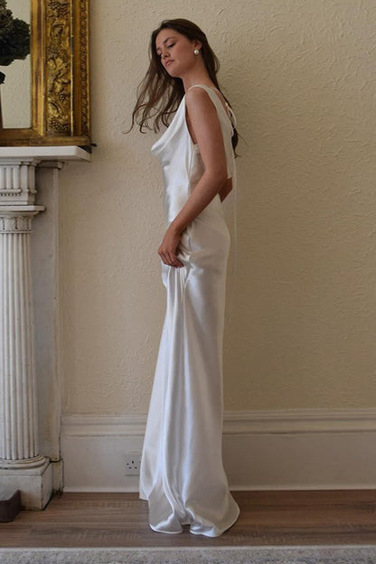 Satin Off Shoulder Backless Tie Waist Slim Fit Long Sexy Prom Dress