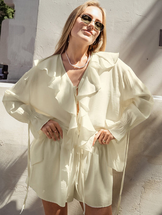 Ruffled Hem Tie Front Cardigan & Shorts Set Blouse