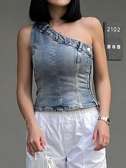 Vintage Denim One Shoulder Slim Bandeau Top