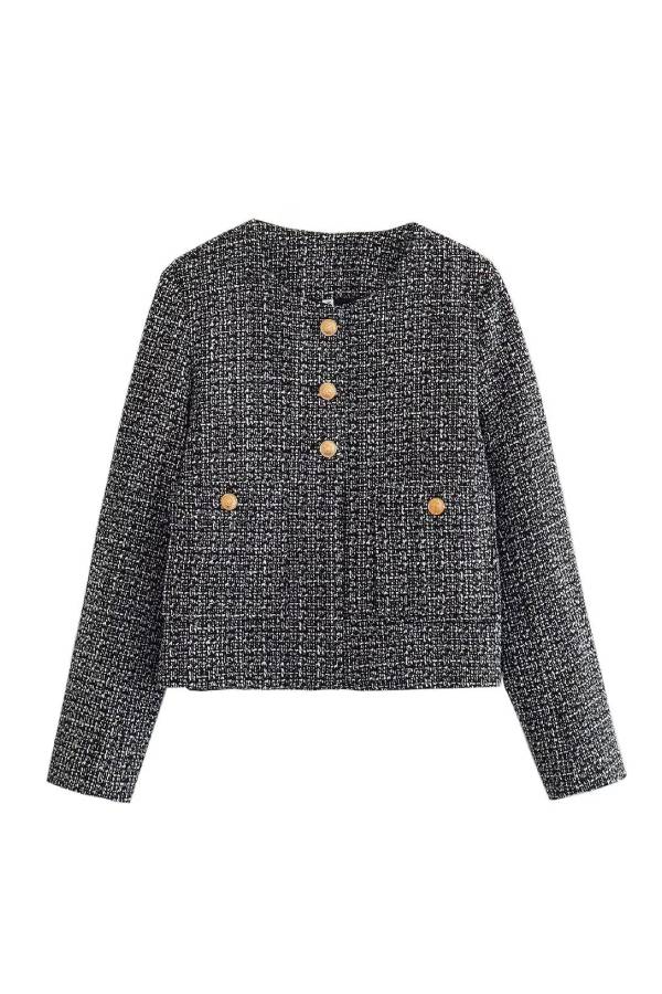 Round Neck Slim Fit Colorblock Women's Button Jacket