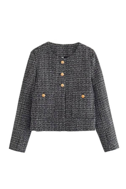 Round Neck Slim Fit Colorblock Women's Button Jacket